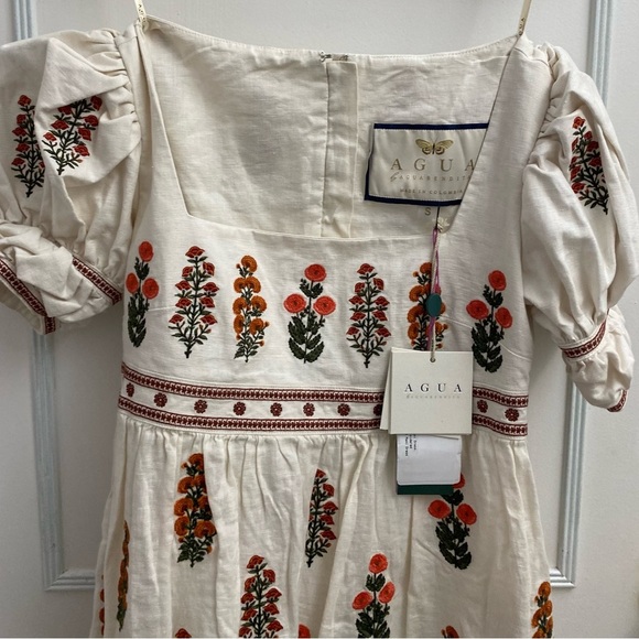 NWT Agua by Agua Bendita Pistachio Dahlia Dress Embroidered Floral Ivory S - Picture 3 of 13